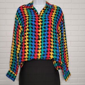 Adrianna Papell Silk‎ Blouse sz 4 button front top bright maximalist office